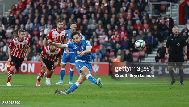 Harry Arter of AFC Bournemouth misses a penalty during the Premier League match between Southampton and AFC Bournemouth at St Mary's Stadium on April...