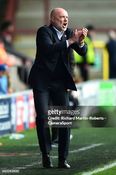 Fleetwood Town manager Uwe Rosler reacts during the Sky Bet League One match between Fleetwood Town and Swindon Town at Highbury Stadium on April 1,...