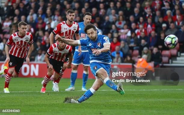 Harry Arter of AFC Bournemouth misses a penalty during the Premier League match between Southampton and AFC Bournemouth at St Mary's Stadium on April...