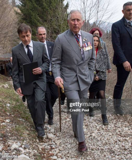 Prince Charles, Prince of Wales walking the Path of the 52 Tunnels in the mountains created by the Italian military during The First World War on...