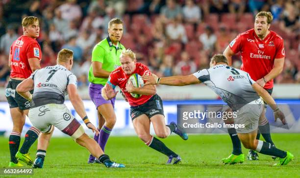 Ross Cronje of the Lions with possession during the Super Rugby match between Emirates Lions and Cell C Sharks at Emirates Airline Park on April 01,...