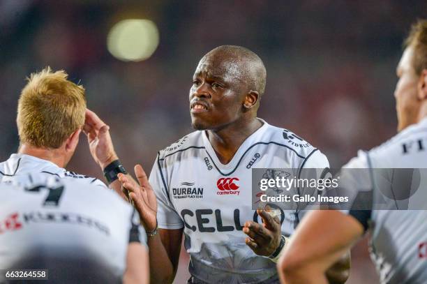 Captain Lubabalo Mthembu of the Sharks having a word with his team during the Super Rugby match between Emirates Lions and Cell C Sharks at Emirates...