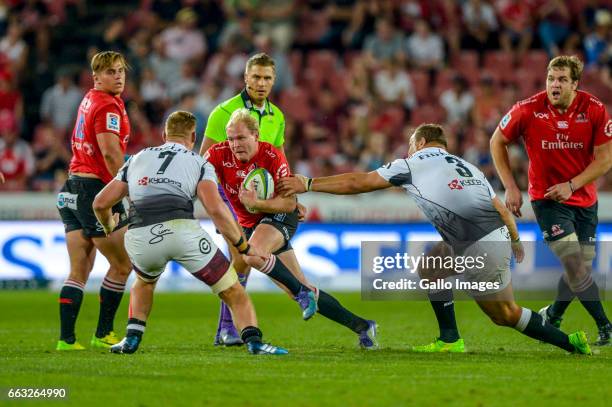 Ross Cronje of the Lions with possession during the Super Rugby match between Emirates Lions and Cell C Sharks at Emirates Airline Park on April 01,...