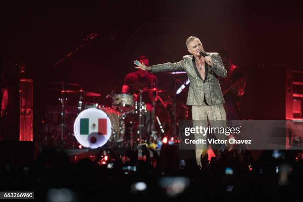 Singer Morrissey performs onstage at Palacio de Los Deportes on March 31, 2017 in Mexico City, Mexico.