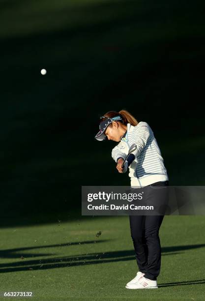 Ai Miyazato of Japan plays her third shot at the par 5, ninth hole during the completion of the second round of the 2017 ANA Inspiration held on the...