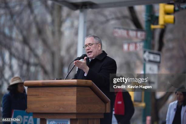 New York City Comptroller Scott Stringer speaks in support of the embattled Affordable Care Act during a rally as part of the national "March for...