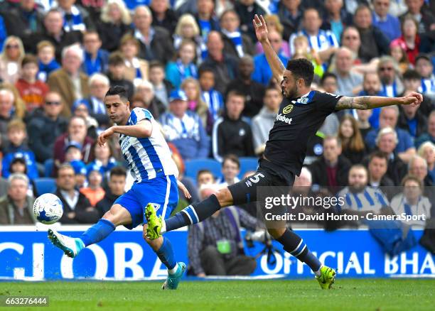 Blackburn Rovers' Derrick Williams tries to block Brighton & Hove Albion's Beram Kayal cross during the Sky Bet Championship match between Brighton &...