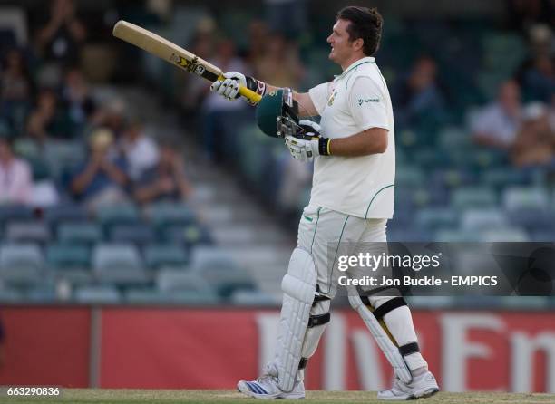 South Africa's Graeme Smith celebrates his century against Australia on day four of the first test in Perth at the WACA ground