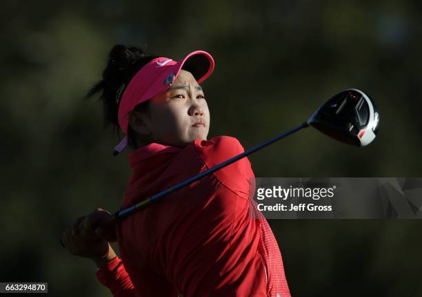 Lucy Li plays her tee shot on the second hole during the completion of the second round of the ANA Inspiration at the Dinah Shore Tournament Course...