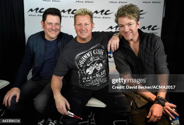 Musicians Jay DeMarcus, Gary LeVox, and Joe Don Rooney of Rascal Flatts attend the 52nd Academy Of Country Music Awards Cumulus/Westwood One Radio...