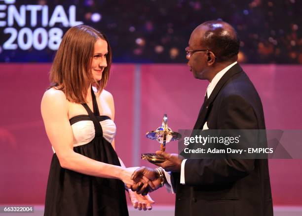 S Heather O'Reilly accepts the Presidential award on behalf of womens football at the FIFA World Player Gala 2008