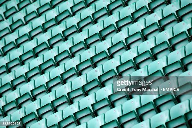 General view of empty green seats at Easter Road