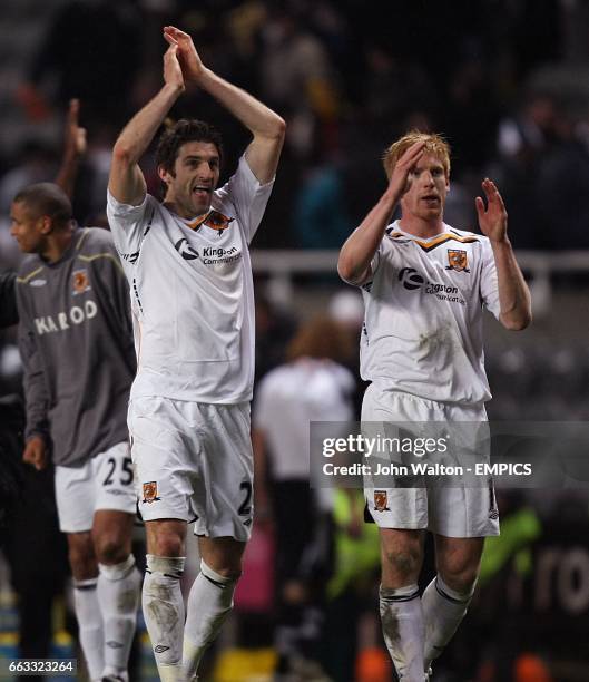 Hull City's Samuel Ricketts and Paul McShane celebrate their victory after the final whistle.