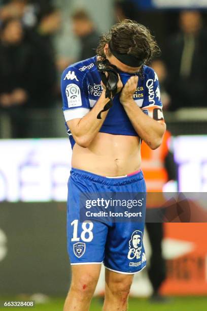 Yannick Cahuzac of Bastia looks dejected during the French Ligue 1 match between Bastia and Lille at Stade Armand Cesari on April 1, 2017 in Bastia,...