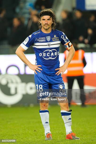 Yannick Cahuzac of Bastia looks dejected during the French Ligue 1 match between Bastia and Lille at Stade Armand Cesari on April 1, 2017 in Bastia,...