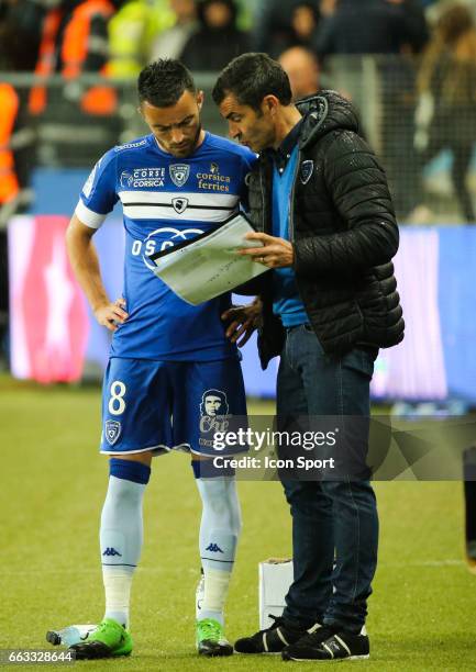 Gael Danic and Rui Almeida head coach of Bastia during the French Ligue 1 match between Bastia and Lille at Stade Armand Cesari on April 1, 2017 in...