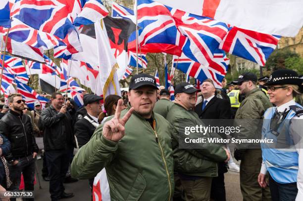 Supporters of Britain First take part in the March Against Terrorism on April 01, 2017 in London, England. Supporters of far-right political movement...