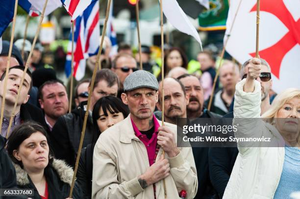 Supporters of Britain First take part in the March Against Terrorism on April 01, 2017 in London, England. Supporters of far-right political movement...