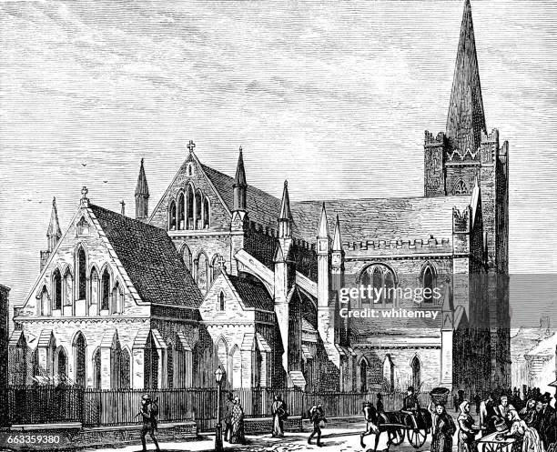 st patrick's cathedral, dublin (victorian engraving) - spire dublin stock illustrations