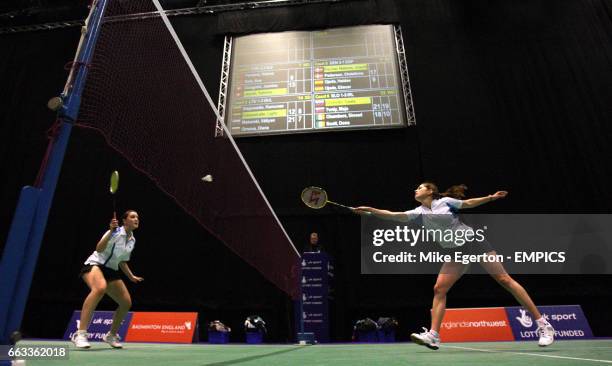 Action from the womens doubles match between Slovenia's Maja Tvrdy and Spela Silvester and Ireland's Dona Scott and Sinead Chambers