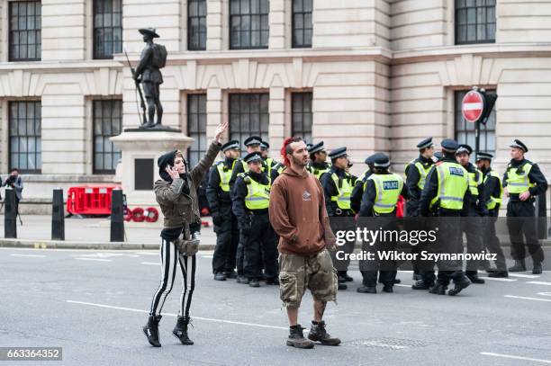 Members of anti-fascist groups, Unite Against Fascism and Antifaschistische Aktion seen during a counter-demonstration to oppose far-right Britain...