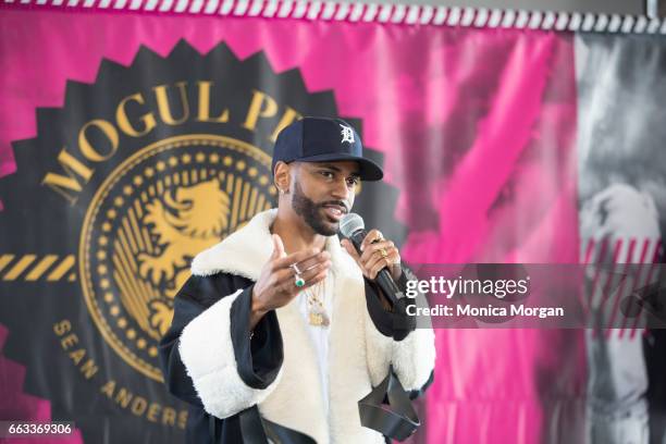 Rapper Big Sean speaks during the Sean Anderson Foundation Mogul Prep Tour at The Madison Building on April 1, 2017 in Detroit, Michigan.