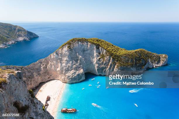 elevated view of famous shipwreck beach. zakynthos, greek islands, greece - grekiska övärlden bildbanksfoton och bilder