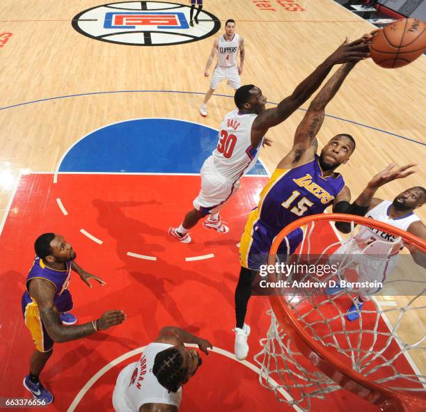 Thomas Robinson of the Los Angeles Lakers shoots the ball against the LA Clippers during the game on April 1, 2017 at STAPLES Center in Los Angeles,...