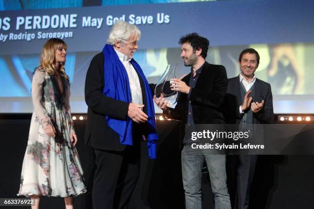 Sveva Alviti , Jacques Weber, Rodrigo Sorogoyen and Philippe Kelly attend the closing ceremony of 9th Beaune International Thriller Film Festival on...