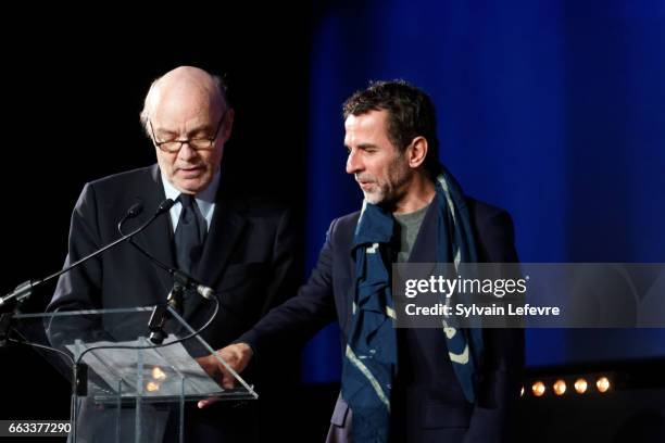 Jean-Paul Rappeneau and Eric Lartigau attend the closing ceremony of 9th Beaune International Thriller Film Festival on April 1, 2017 in Beaune,...