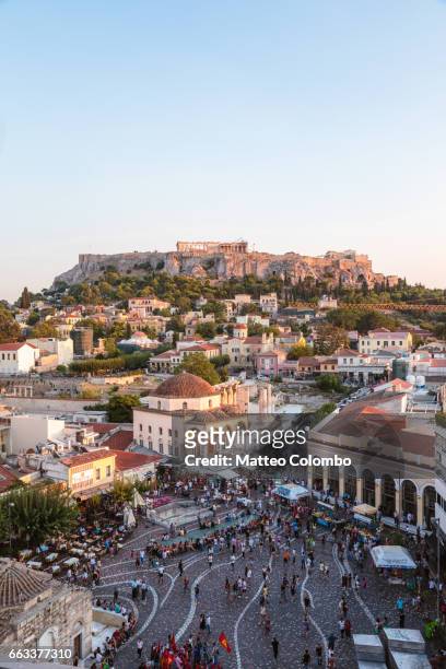 elevated view of monastiraki square and the acropolis at sunset. athens, greece - athens - greece stock pictures, royalty-free photos & images