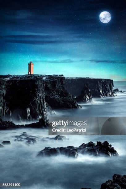 iceland - saxholsbjarg orange lighthouse in snaefellsnes - snaefellsnes stock pictures, royalty-free photos & images