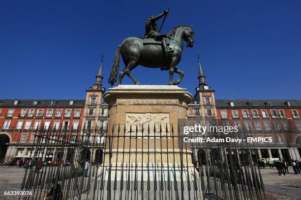 The statue of Philip III, straddling his horse in the centre of the Plaza Mayor, Madrid