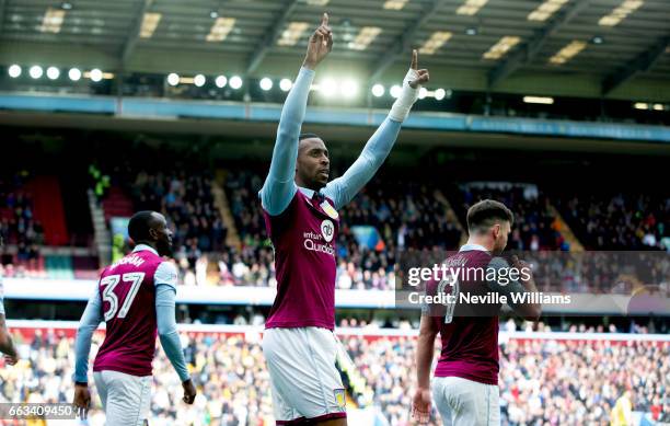 Jonathan Kodjia of Aston Villa celebrates his first goal during the Sky Bet Championship match between Aston Villa and Norwich City at Villa Park on...