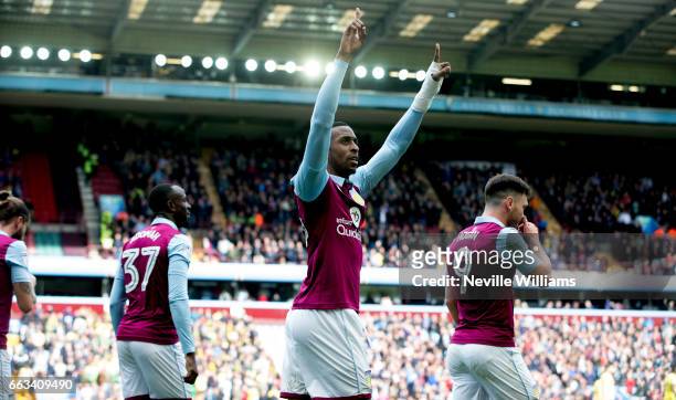 Jonathan Kodjia of Aston Villa celebrates his first goal during the Sky Bet Championship match between Aston Villa and Norwich City at Villa Park on...