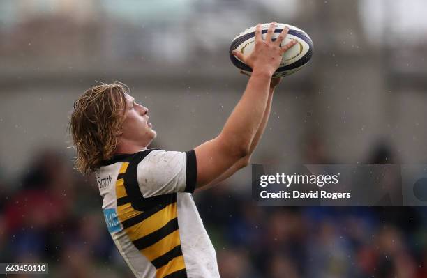 Tommy Taylor of Wasps lines up a throw during the European Rugby Champions Cup match between Leinster and Wasps at the Aviva Stadium on April 1, 2017...