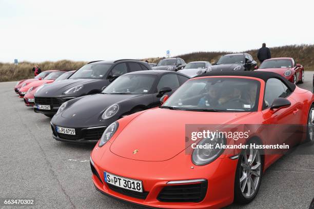 Porsche cars at the Grand Opening of "Porsche auf Sylt" on April 1, 2017 in Westerland, Germany. German car manufacturer Porsche has opened a new...