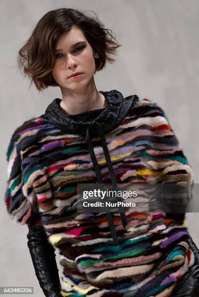 Model displays a creation by Konsanszky at Mercedes-Benz Fashion Week Budapest Fall/Winter on Apr 1, 2017 at Ludwig Museum in Budapest, Hungary.