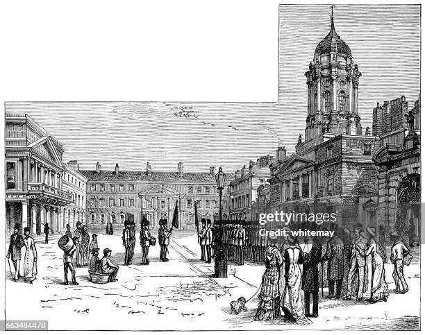 ilustrações de stock, clip art, desenhos animados e ícones de the courtyard of dublin castle (victorian engraving) - dublin castle dublin