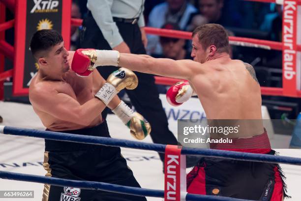 Marco Huck in action against Mairis Briedis during the WBC World Championship fight between Marco Huck v Mairis Briedis at Westfalenhalle on April 1,...