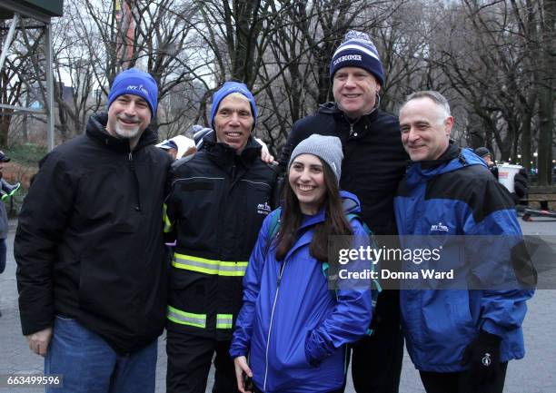 Peter Ciaccia, Boomer Esiason and Michael Capiraso appear during Boomer's Cystic Fibrosis "Run To Breathe" Charity Event at Central Park Bandshell on...