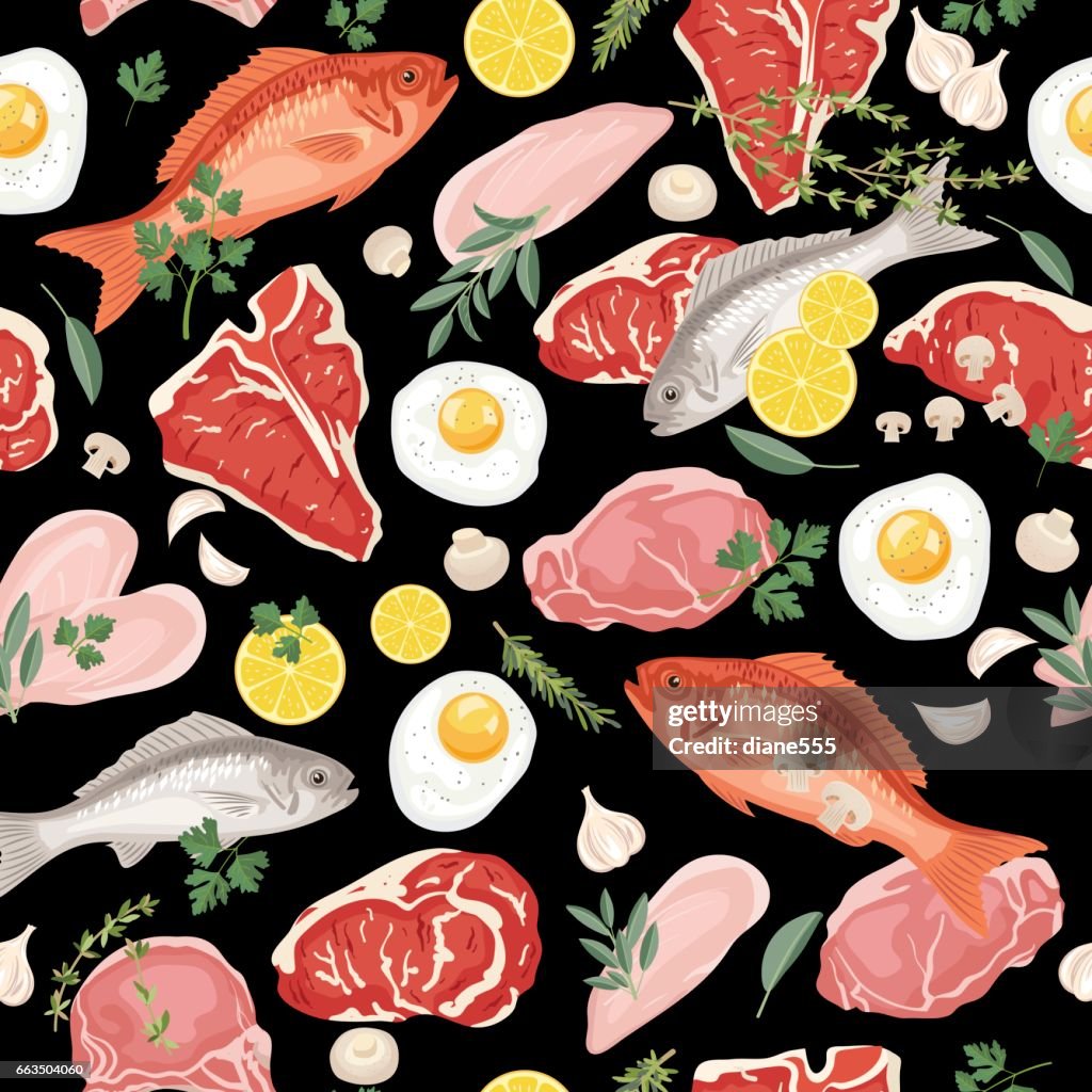 Frais Viandes Poissons Et Œufs Seamless Pattern Illustration - Getty Images
