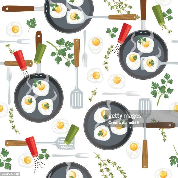 fresh breakfast eggs and skillets seamless pattern - frying pan from above stock illustrations