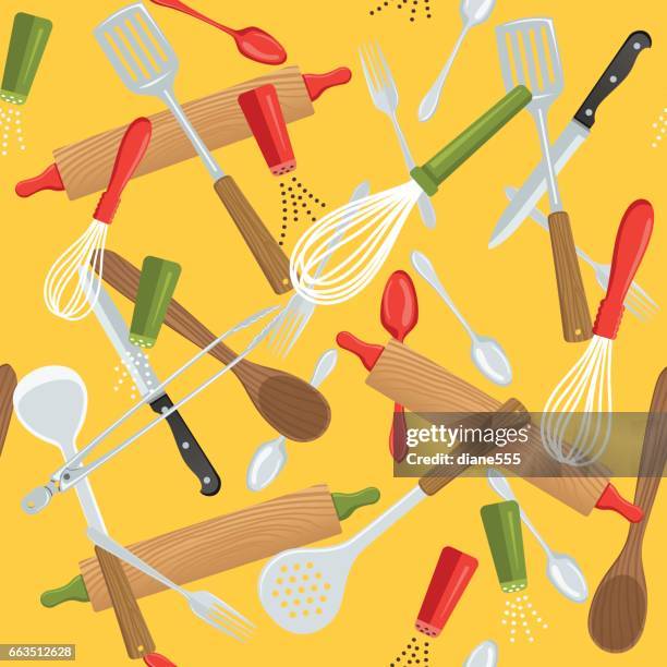scattered cooking utensils seamless pattern - spoon overhead stock illustrations