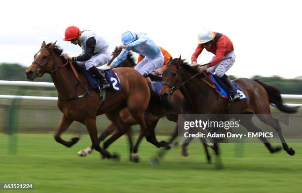 Crimson Ribbon ridden by Nicky Mackay wins the Mill Reef Club Maiden Fillies' Stakes