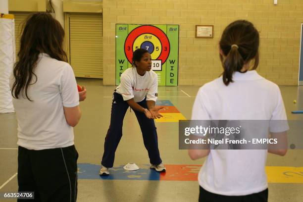 Surrey's Ebony Rainford Brent gives a coaching session to School girls in the Lambeth Hall