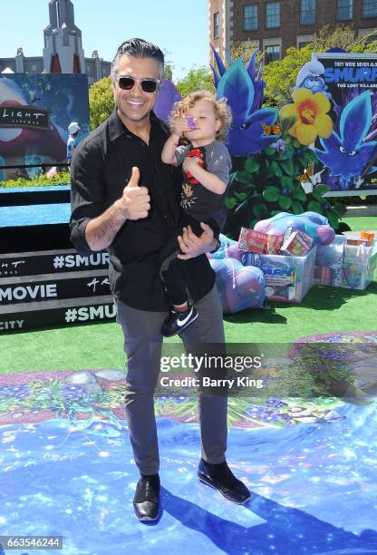 Actor Jaime Camil and son Jaime Camil III attend the premiere of Sony Pictures' 'Smurfs: The Lost Village' at ArcLight Cinemas on April 1, 2017 in...