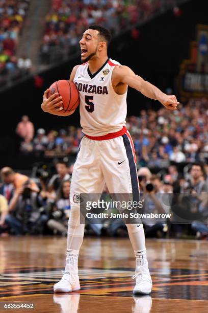Nigel Williams-Goss of the Gonzaga Bulldogs reacts on the court during the 2017 NCAA Photos via Getty Images Men's Final Four Semifinal against South...