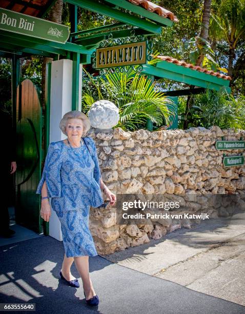 Princess Beatrix of The Netherlands attends an lunch with officials at restaurant Papiamento on April 1, 2017 in Oranjestad, Aruba. The Princess is...