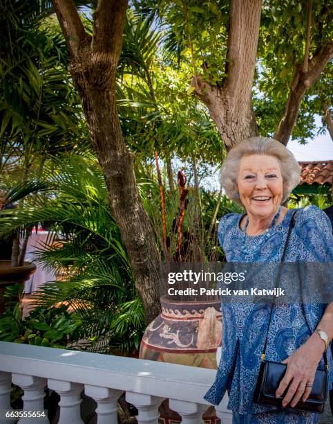 Princess Beatrix of The Netherlands attends an lunch with officials at restaurant Papiamento on April 1, 2017 in Oranjestad, Aruba. The Princess is...